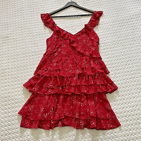 NWT The Kooples Moon Flower Red Floral Ruffle Mini Dress Size 2 - Picture 2 of 12
